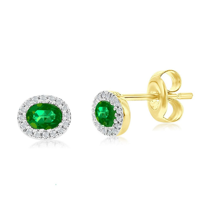 14k Yellow Gold Oval Green Emerald & Diamond Studs