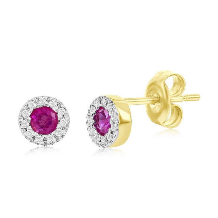 14k Yellow Gold Round Ruby & Diamond Studs