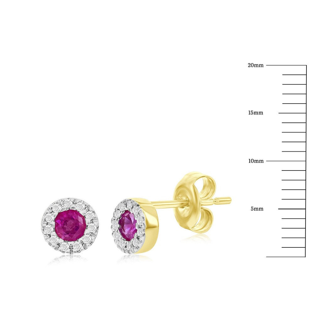 14k Yellow Gold Round Ruby & Diamond Studs