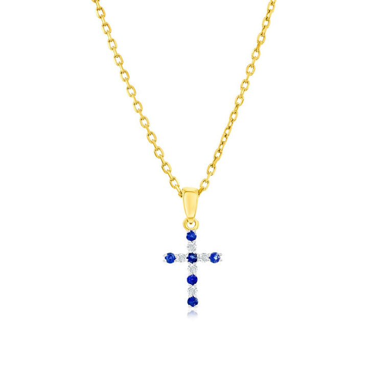 14k Yellow Gold Sapphire & Diamond Cross Necklace